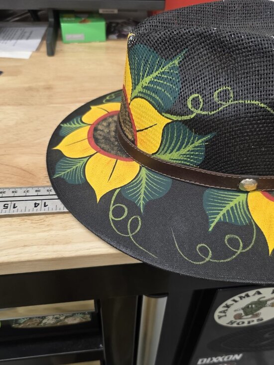 Sunflower Artisan Hat Hand Painted Fedora Floral Bohemian Black Straw SIZE M main image 8
